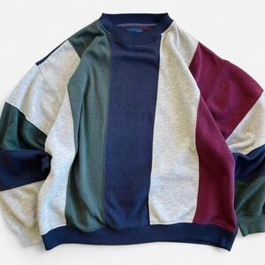 Vintage Towncraft Multicoloured Burgundy Grey Green Navy Striped Sweatshirt L
